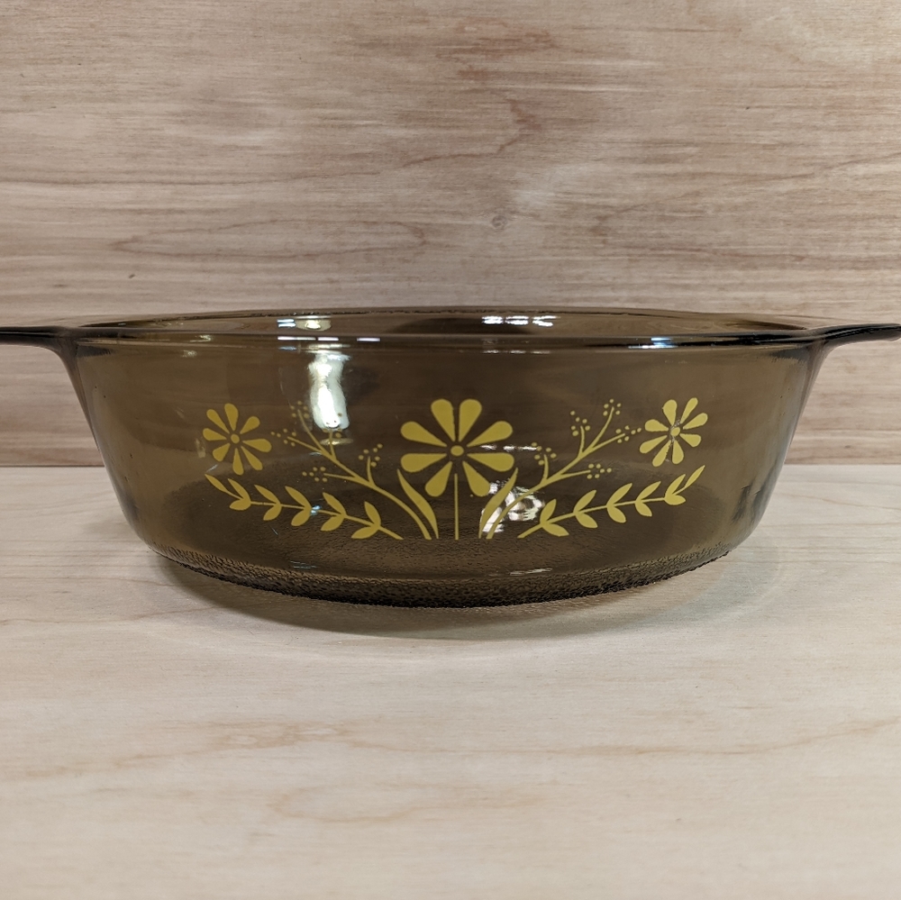 Vintage Glasbake Smoke Glass Yellow Daisy Days Pattern Round Casserole Dish
